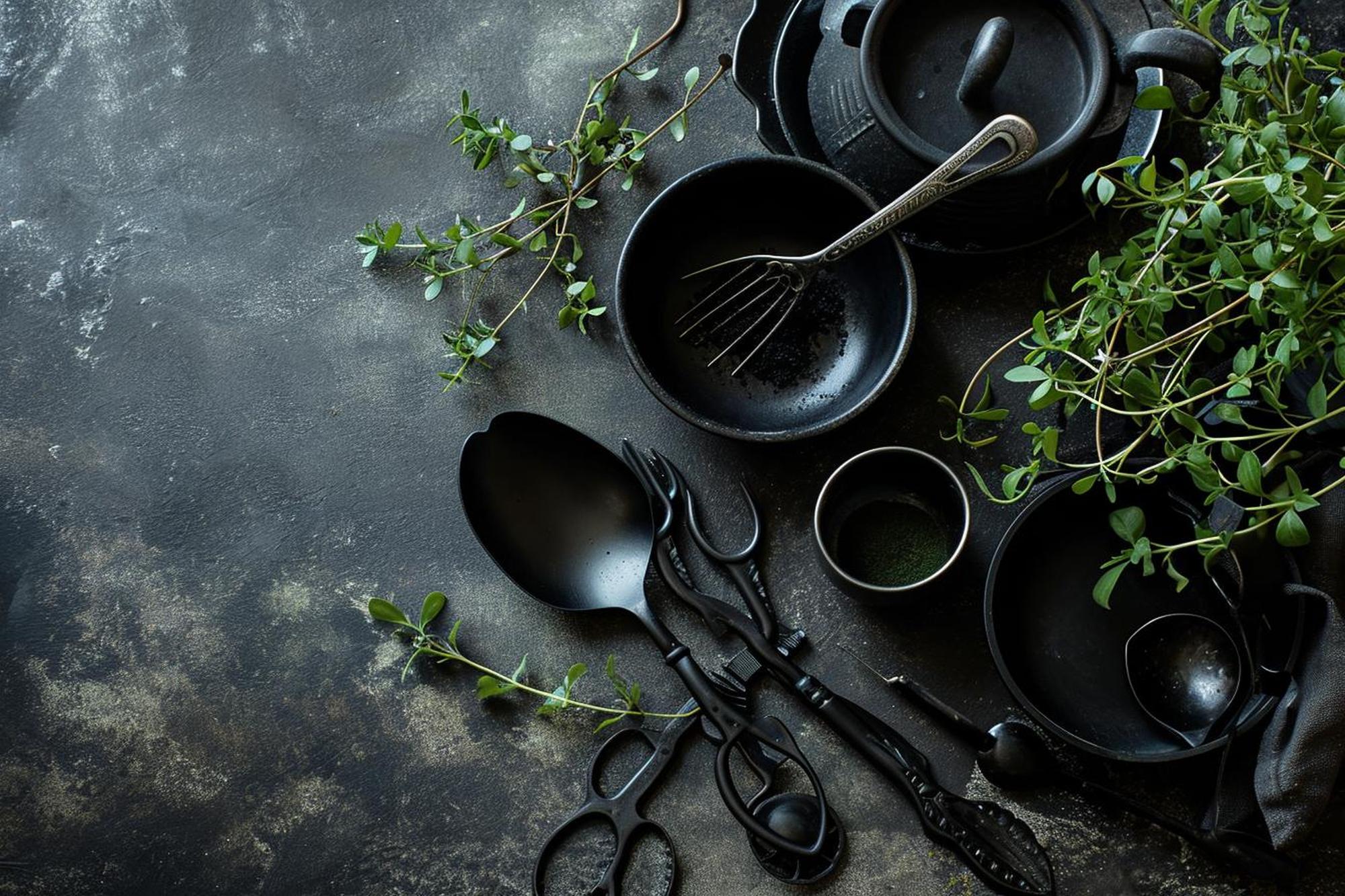 Set di utensili da cucina disposti ordinatamente